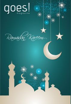 an islamic holiday card with the crescent and stars hanging from it's sides, on a blue background