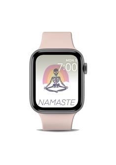 an apple watch with the words namaste on it's screen and a skeleton sitting