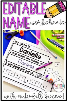 an editable name worksheet with pencils and crayons on it