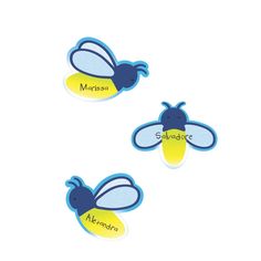 two blue and yellow bee magnets with the words morpasde on them, sitting next to each other