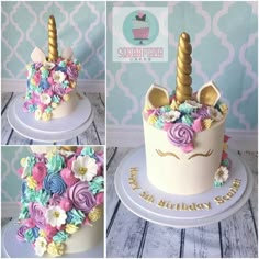 the cake is decorated with flowers and a unicorn's horn