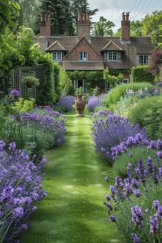 a garden with lots of purple flowers in front of a house