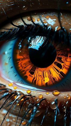 an extreme close up shot of the iris of a human eye with water drops on it