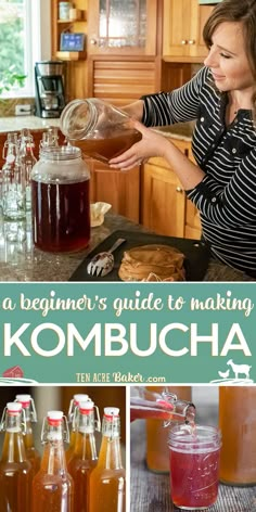 a woman is making kombucha in her kitchen