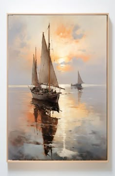 an oil painting of two sailboats in the ocean at sunset with clouds reflected on the water