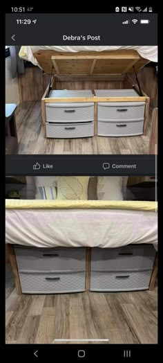 two photos showing the same furniture in different stages of being used for storage and remodeling