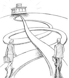 two people are standing in front of a building with a spiral design on the floor