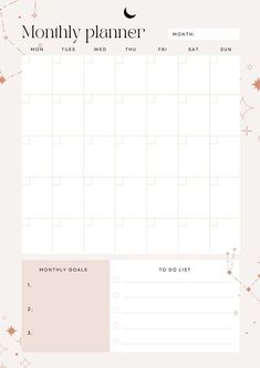 the month planner is shown with stars and moon shapes in pink, gold and white