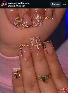 Nails For Cosmetologist, Xs Acrylic Nails, French Tips With Gold Charms, Gold Nails Short, Gold Nail Set, Bts Nails