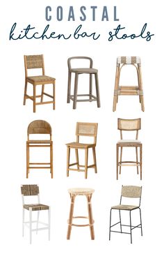 various types of chairs and stools with the words coastal inspired stylish barstools