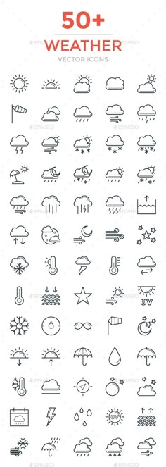 the 50 weather icons are shown in black and white, with red lettering on them