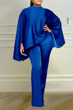 Satin Batwing Sleeve Top and Long Pants Suit Details: Decoration: none Style: Casual Material: SPANDEX Material: POLYESTER Season: Autumn/Winter Elasticity: Medium Strecth Fabric Type: SATIN Pattern Type: Solid Fit Type: LOOSE Age: Adult Clothing Length: regular Pant Length(cm): full length Fabric content: 91% (inclusive) - 95% (inclusive) Collar: O-Neck Waist: High Waist Closure Type: Pullover Sleeve Style: Batwing Sleeve Pant Style: Wide leg pants Front Style: Flat Pant Closure Type: Elastic W Batwing Sleeve Top, Woman Suit Fashion, Flowy Pants, Pants Suit, Suit Pants, Loose Tops, Slim Fit Pants, African Women, Batwing Sleeve