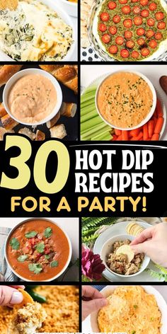 Collage of hot dip recipes. Hot Cheesy Dip Recipes, Healthy Hot Dip Recipes, Warm Dips Recipes, Hot Party Dips, Easy Hot Dips, Dips With Cream Cheese, Hot Dip Recipes, Recipes For A Party, Slow Cooker Dip Recipes