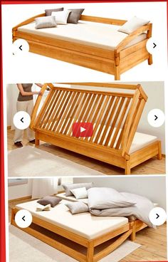 the instructions for making a bed frame with drawers and mattresses are shown in three different pictures