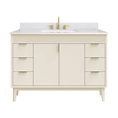 a bathroom vanity with two sinks and gold faucets on the top, against a white background