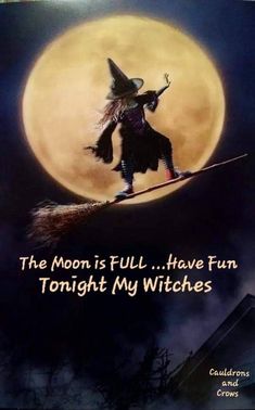 a witch on a broom flying in front of the moon with words below it that says, the moon is full have fun tonight my witches