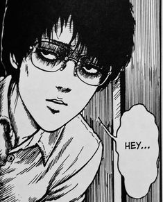 an image of a man with glasses looking down at something in his hand that says hey