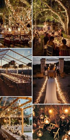 a collage of photos with lights strung from the ceiling and tables covered in white linens