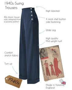 Our best selling 1940s swing pants - 10 years in the making! These have been painstakingly researched and are adapted from a late 30s pattern. With a few tweaks here and there, the pattern has been altered enough to fit the modern woman and our modern eye without compromising the vintage details. A flattering tailored high waisted with four lovely quality mock shell buttons on the left. Wide leg with turn-up at the bottom. So comfy and perfect for dancing! Key vintage features:-- high waisted - 1930s Fashion Pants, 1940s Womens Pants, 1940s Pants Women, Lindy Hop Outfit Women, Vintage Pants Pattern, 1940s Outfits For Women, Fashion 1940s Women, Lindy Hop Outfit, 1940s Summer Fashion