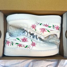 ** CUSTOM PAINTED AIR FORCE 1'S ** - Pink floral design painted on white Air Force 1's - Can be done in any colours, message me with details about any changes you would like me to make to your custom pair.  - Hand painted and sealed with Angelus leather paints.  - 100% authentic Nike Air Force 1's. - Customs are made to order so please allow time for me to order the shoes, paint them and ship them to you.  - No returns - This design can be done on any size shoe, message me if you don't see your Painted Air Force 1, Nike Air Force 1 Custom, White Air Force 1, White Air Forces, Nike Air Force 1s, Air Force 1s, Cute Shoes Heels, Custom Air Force 1, Leather Paint