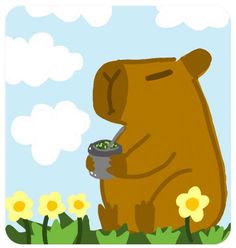 a brown bear eating food from a bowl in the grass with yellow flowers behind it