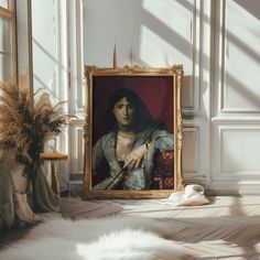 a painting on the wall in an empty room with a white fur rug and two vases