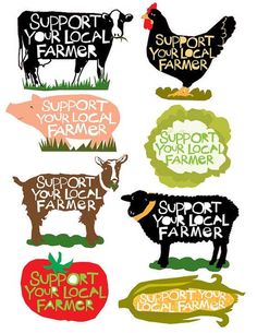 some farm animals and signs with the words support your local farmer