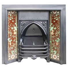 an ornately decorated fireplace is shown against a white background