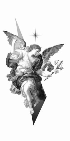 black and white drawing of an angel with flowers