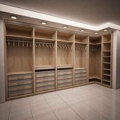 an empty walk - in closet with several drawers and hanging hooks on the wall,