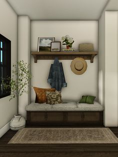 a room with a couch, hat and other items on the shelf next to it