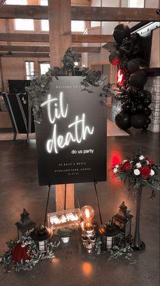 Unique Halloween Wedding Ideas, Dark Engagement Party Ideas, Black Wedding Shower Decorations, Spooky Wedding Welcome Sign, Gothic Wedding Photo Booth, Gothic Fall Wedding Colors, Gothic Welcome Wedding Sign, Halloween Engagement Announcement, Spooky Vow Renewal