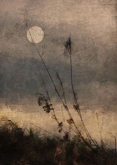 an abstract painting of grass with the moon in the background