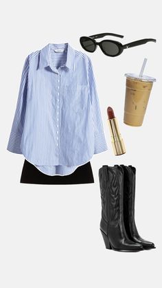 a woman's outfit with boots, sunglasses and lipstick