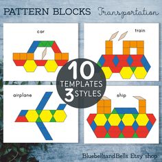 the pattern blocks transportation is shown in three different colors