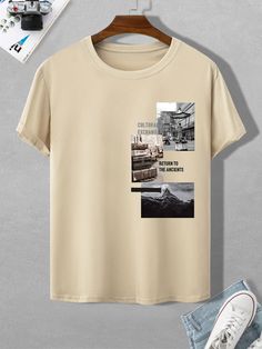 Khaki Casual  Short Sleeve Polyester Graphic,Letter  Embellished Slight Stretch Summer Men Tops T Shirt Print Design Graphics Vintage, Photo Tshirt Design, Mens Tshirt Design Ideas Graphic Tees, Men's T-shirts, Mens T Shirt Print Design, Men Tshirt Design Ideas, Boys Summer Shirts, Typography Shirt Design