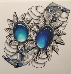 a drawing of two peacocks sitting on top of each other's feathers with blue eyes