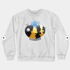 a white sweatshirt with the words zombie on it and a blue, yellow and black bum