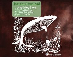 a paper cutout of a dolphin on a brown background with flowers and plants around it