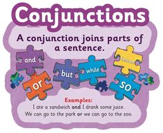 a poster with the words conjunctions on it and puzzle pieces in front of them