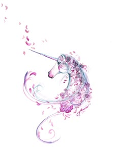 a drawing of a pink unicorn with flowers on it's head and wings flying in the air