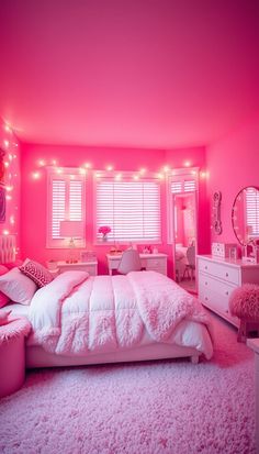 a pink bedroom with white furniture and lights on the walls, carpeted flooring