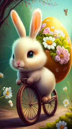 a painting of a bunny riding a bicycle with an egg on it's back