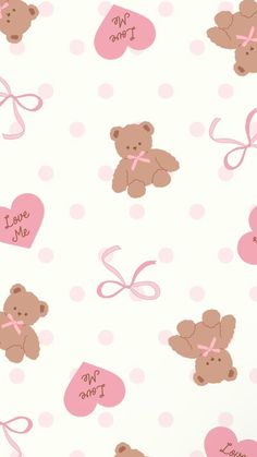 a teddy bear wallpaper with pink and brown polka dots on it's back