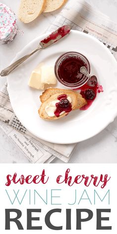 a white plate topped with bread and jam