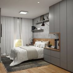 a bedroom with a bed, nightstands and shelves on the wall next to it