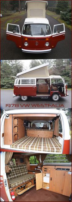 the interior and exterior of an old vw bus is shown in three different pictures