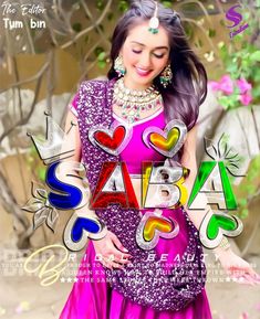 a woman in a purple dress with hearts on her chest and the words saaba se