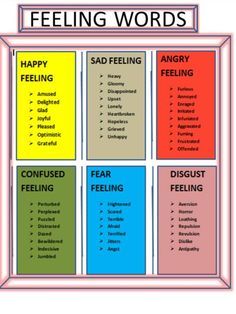 feelings and feelings cards with the words feeling words in different colors, including red, blue,