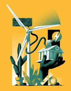 a hand holding a wind turbine over a house with cactus and succulents